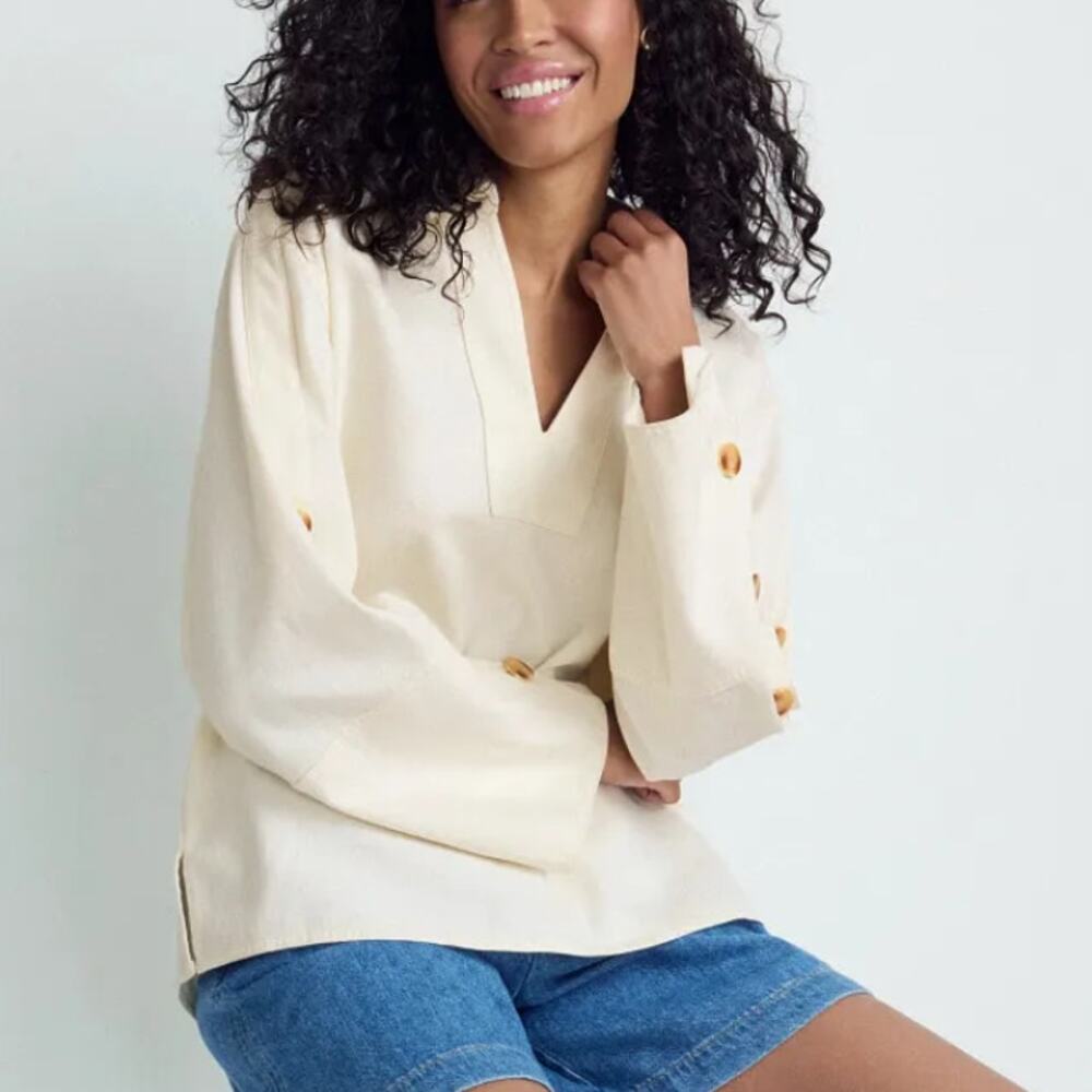 Tanya Taylor White Denim Polo Top XS Oversize Long Sleeve Nautical Designer $500